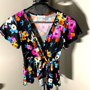 Caution To The Wind Floral Faux Wrap Peplum Top, S